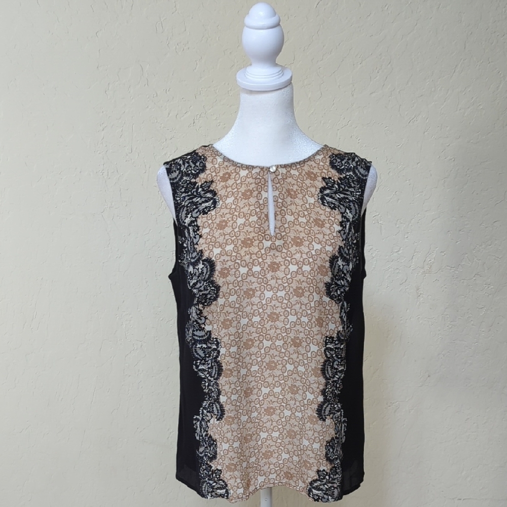 Talbot's Silk with Lace Print Sleeveless Keyhole Tan and Black Blouse Size 4